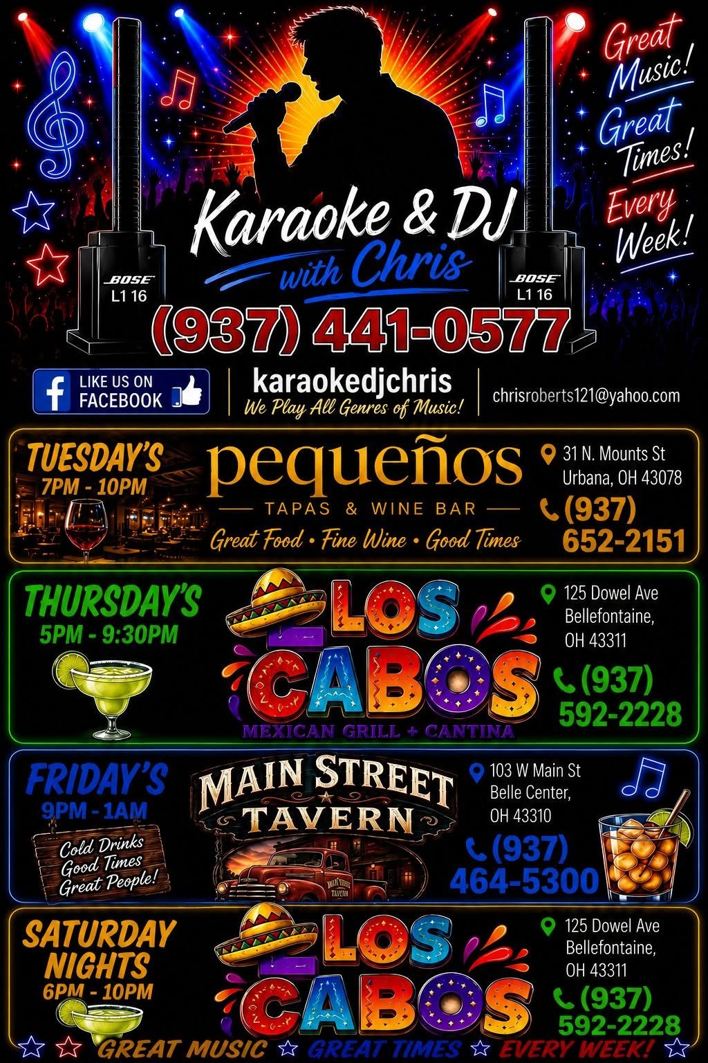 Karaoke and DJ with Chris performing and sound-system artwork