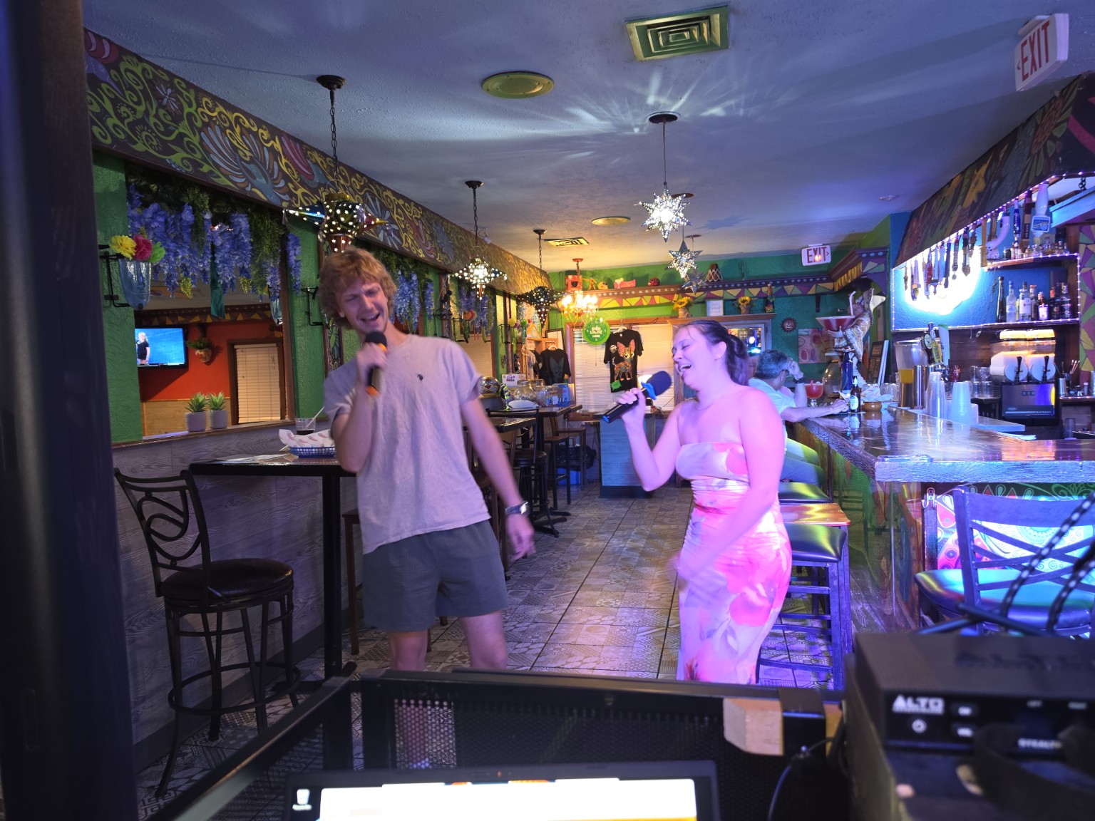 Two singers having fun during karaoke