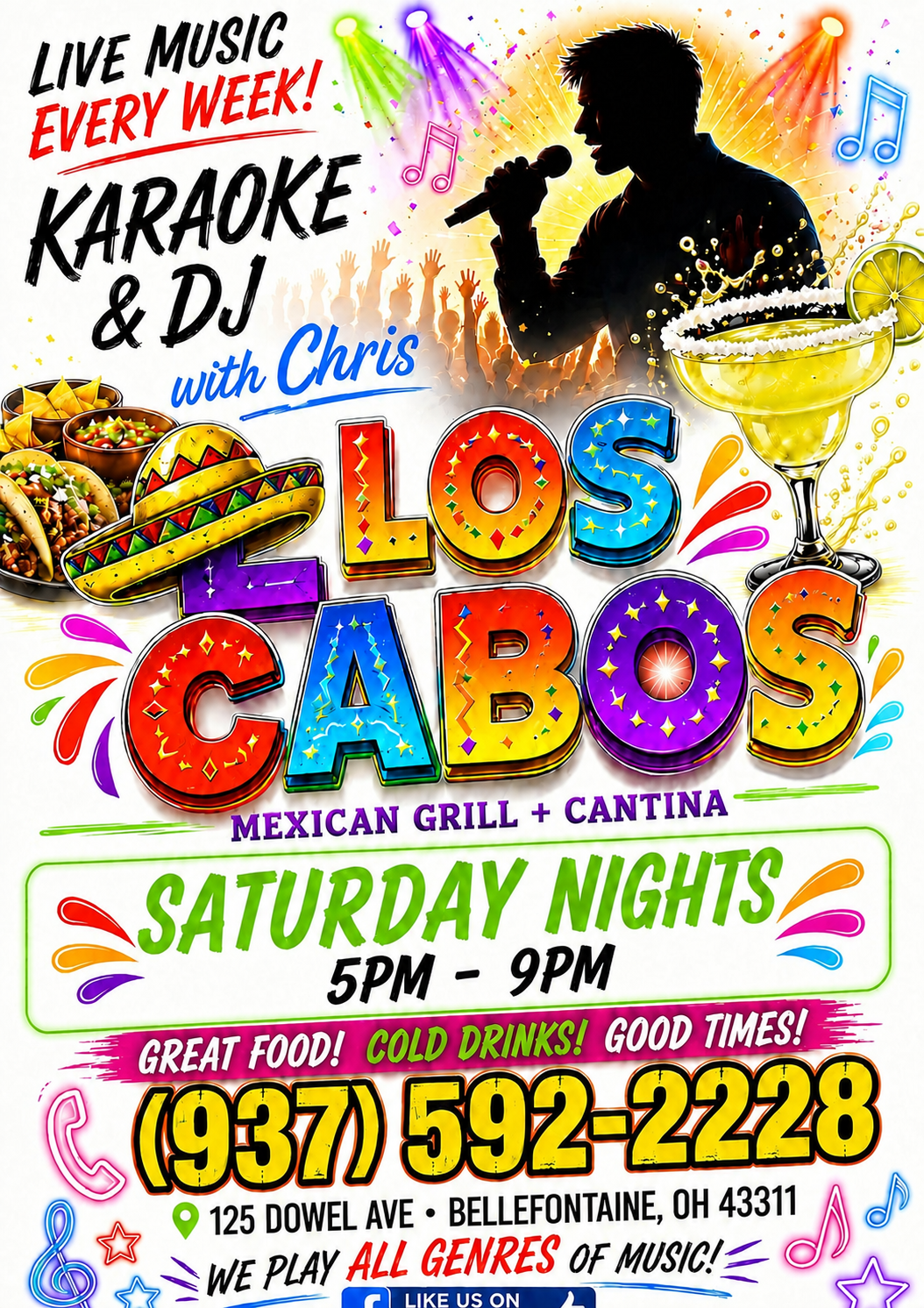 Saturday karaoke and DJ poster for Los Cabos